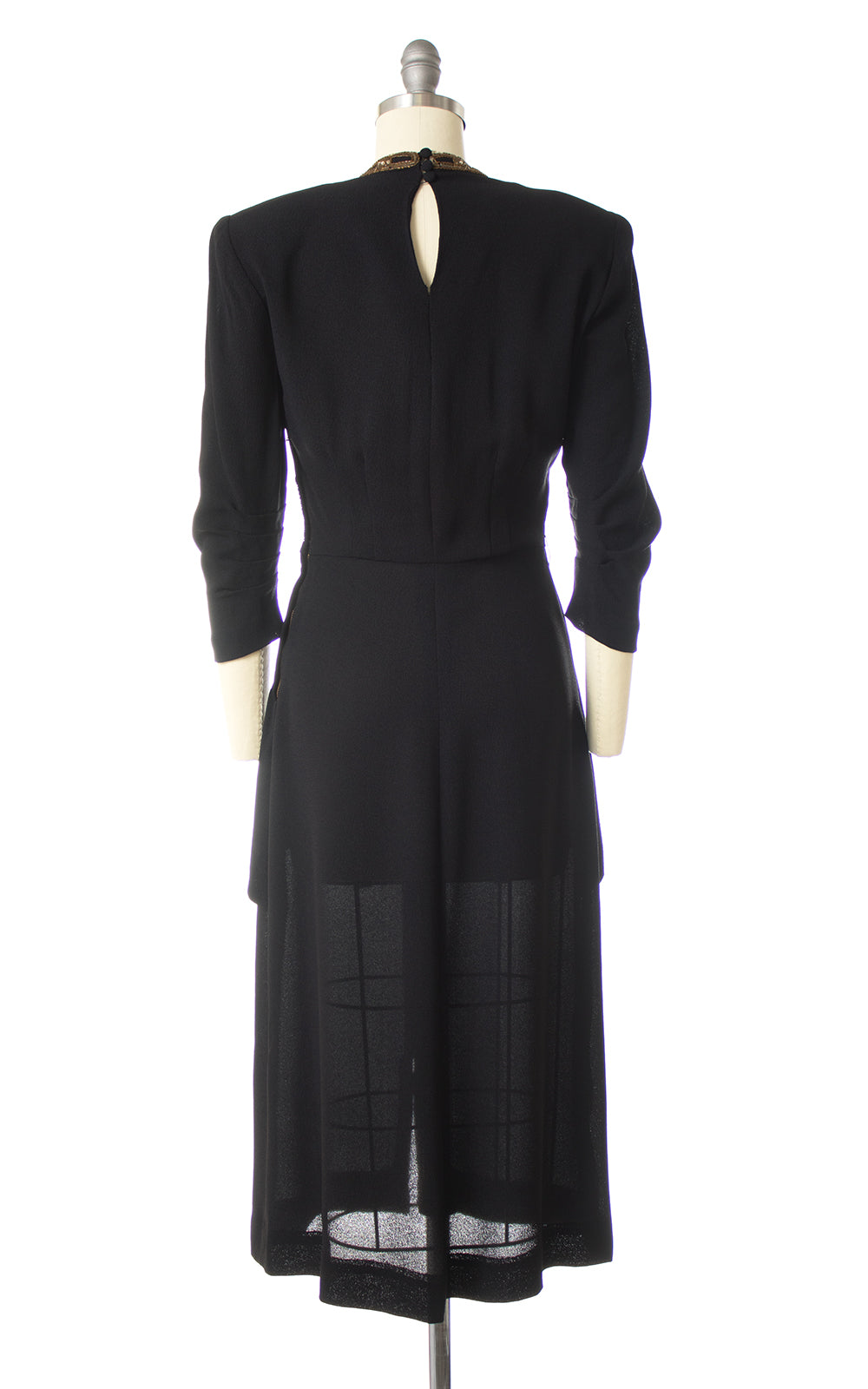 1940s Sequin Rhinestone Black Rayon Crepe Peplum Dress