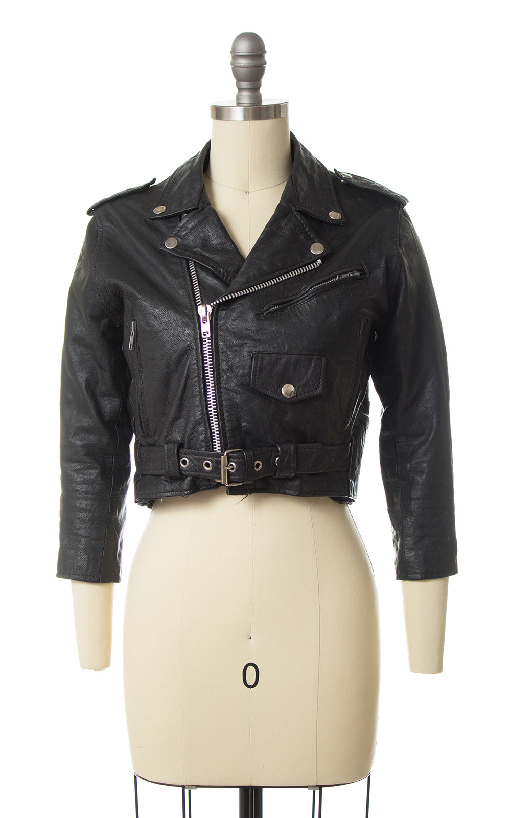 Vintage Cropped Black Leather Motorcycle Jacket
