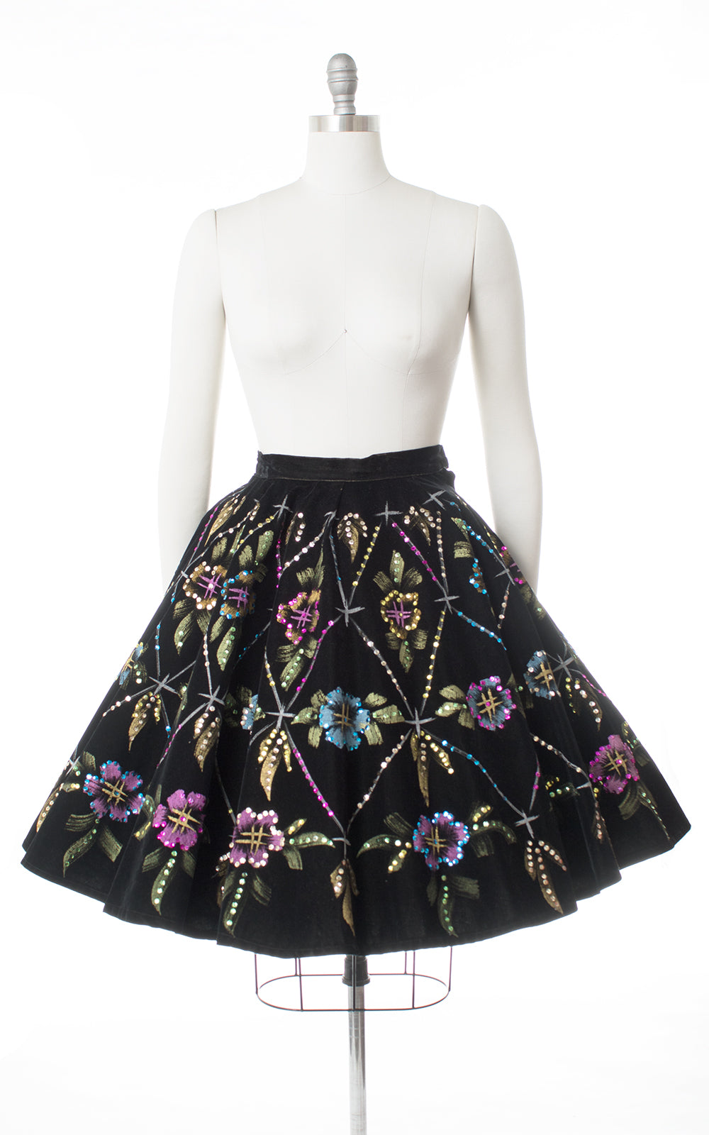 1950s Mexican Metallic Floral Sequin Velvet Circle Skirt