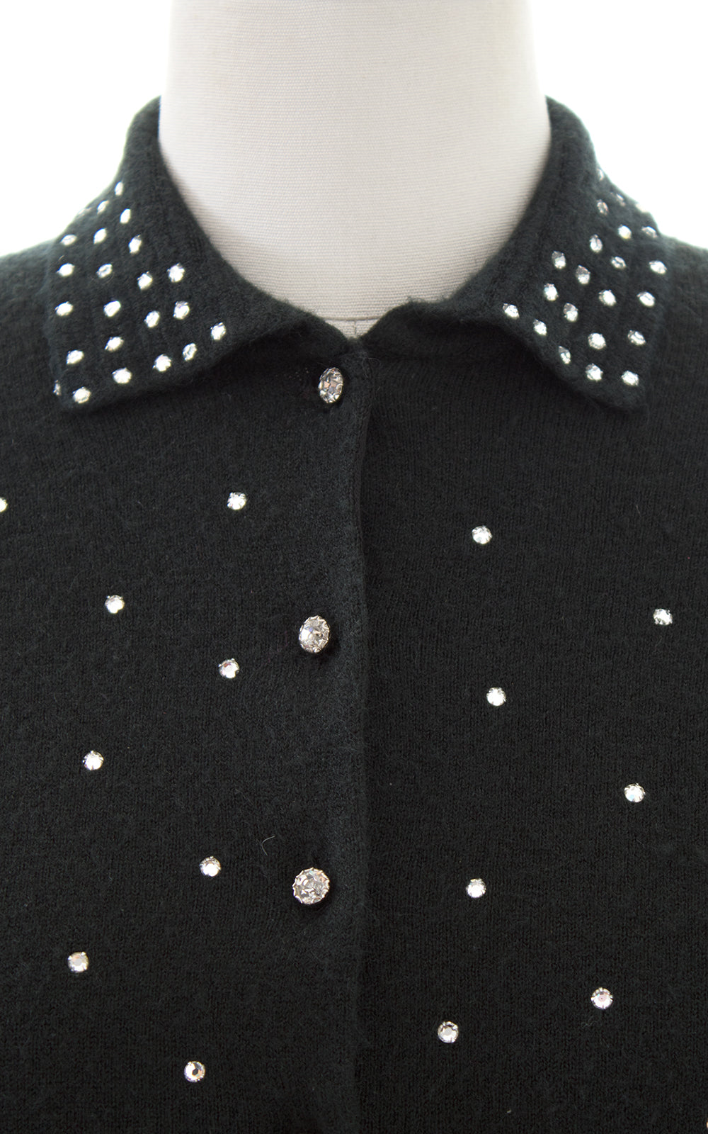 1950s Schiaparelli Rhinestone Black Wool Cardigan