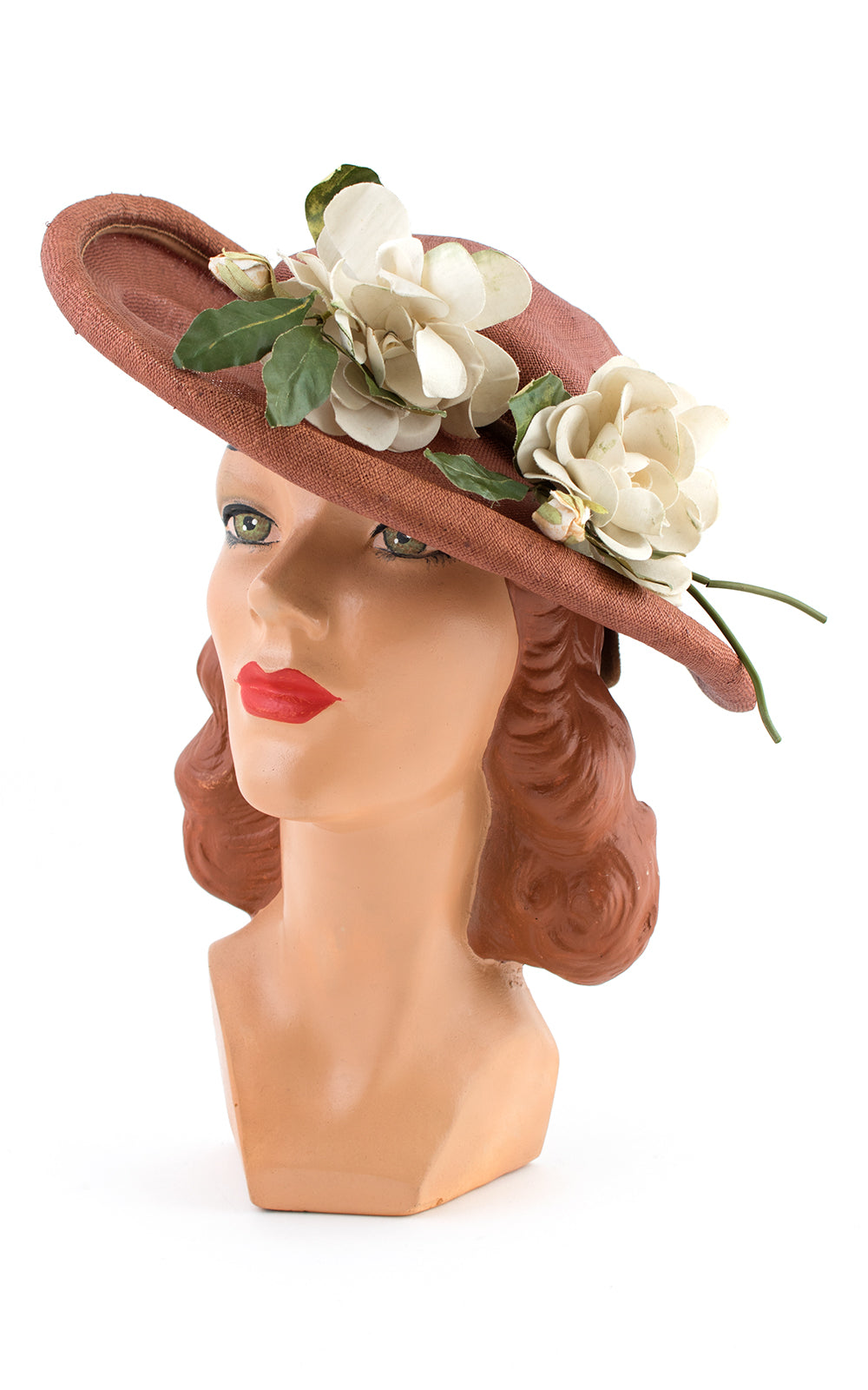 1950s White Floral & Brown Woven Sun Hat