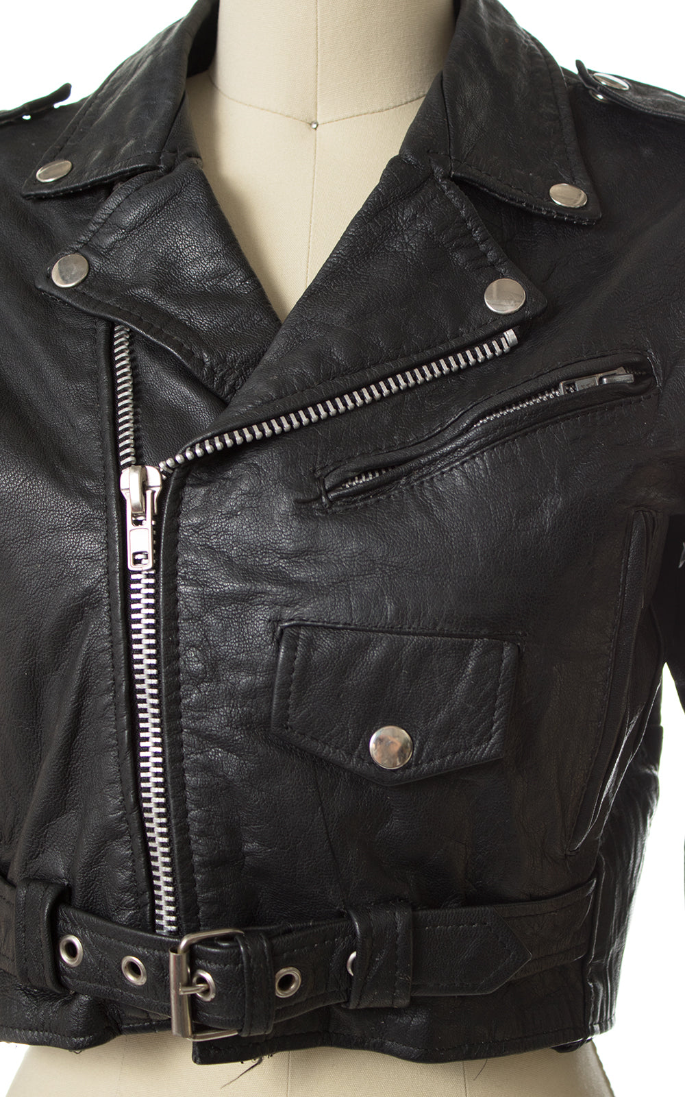 Vintage Cropped Black Leather Motorcycle Jacket