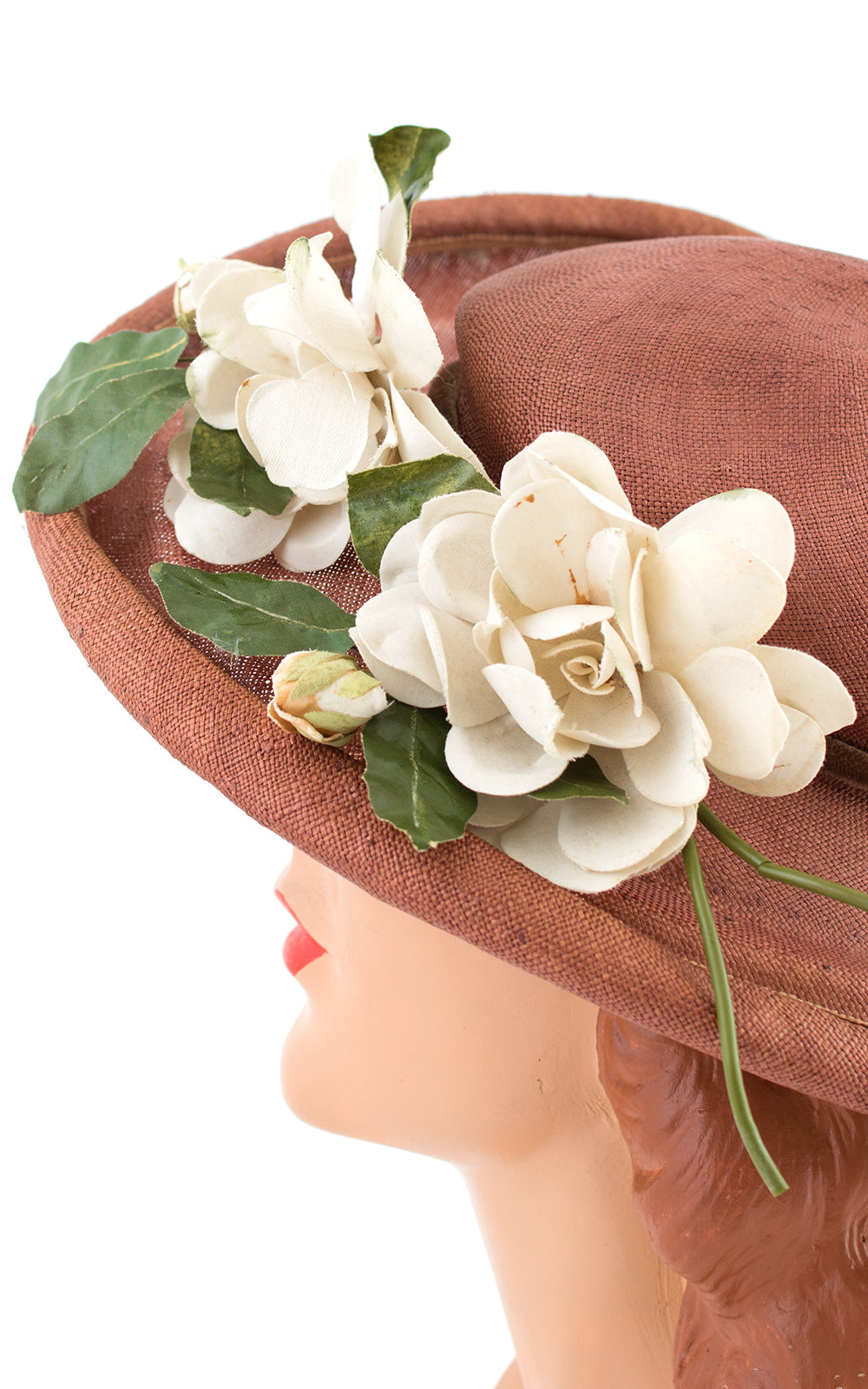 1950s White Floral & Brown Woven Sun Hat