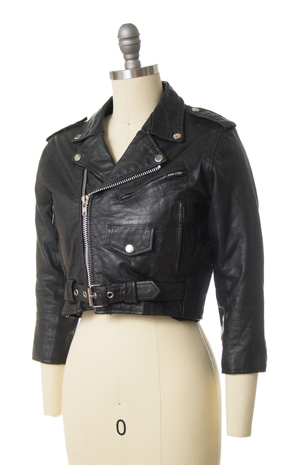 Vintage Cropped Black Leather Motorcycle Jacket