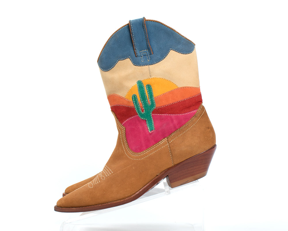 1980s Cactus Sunset Novelty Suede Cowboy Boots