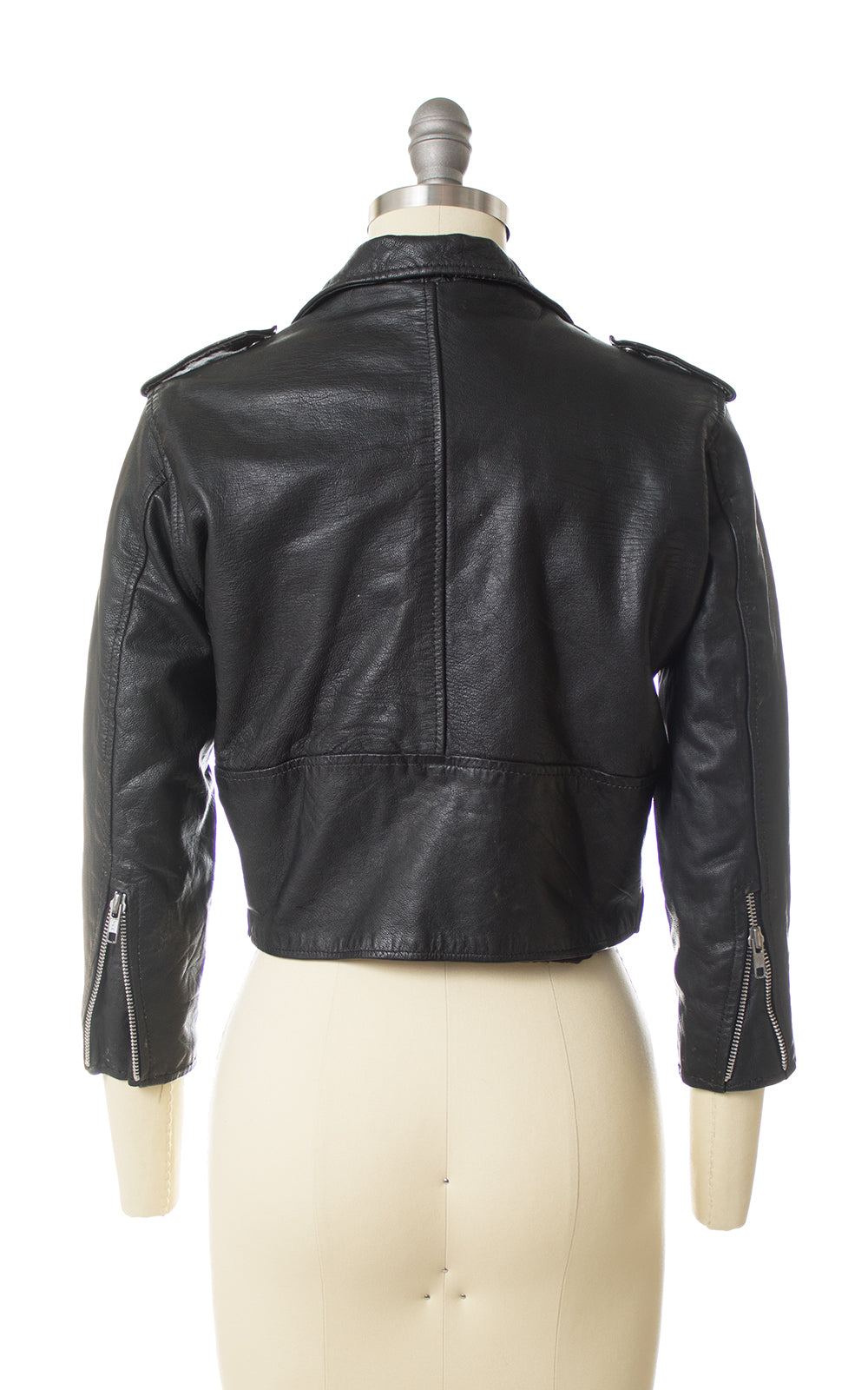 Vintage Cropped Black Leather Motorcycle Jacket