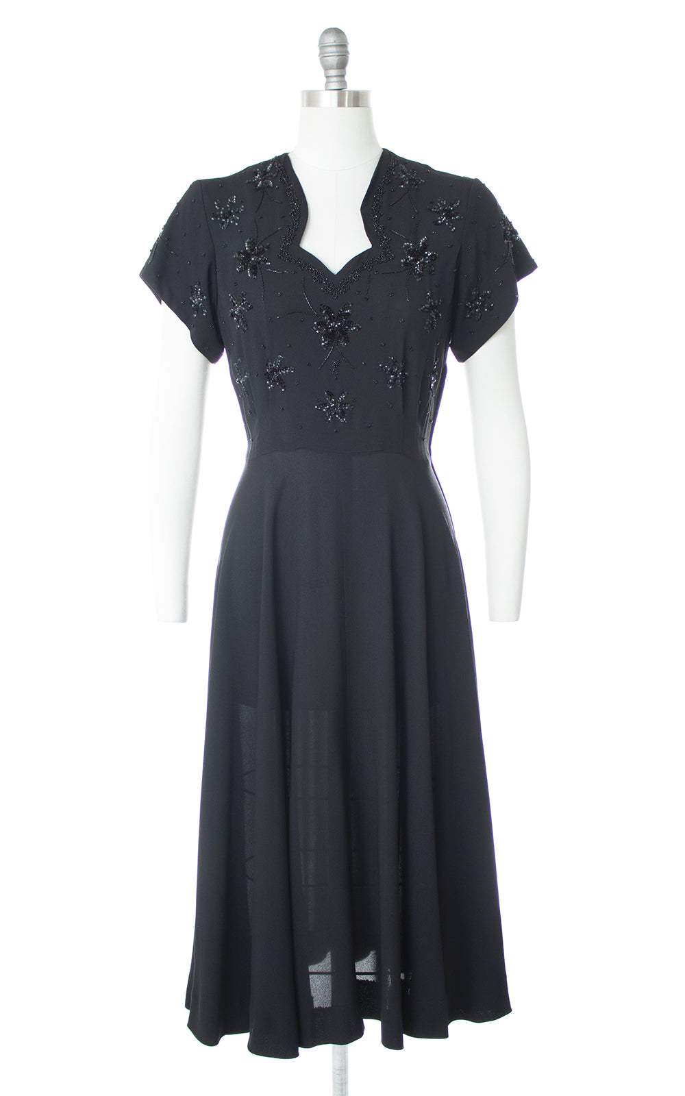 1940s Floral Sequin Beaded Rayon Evening Dress