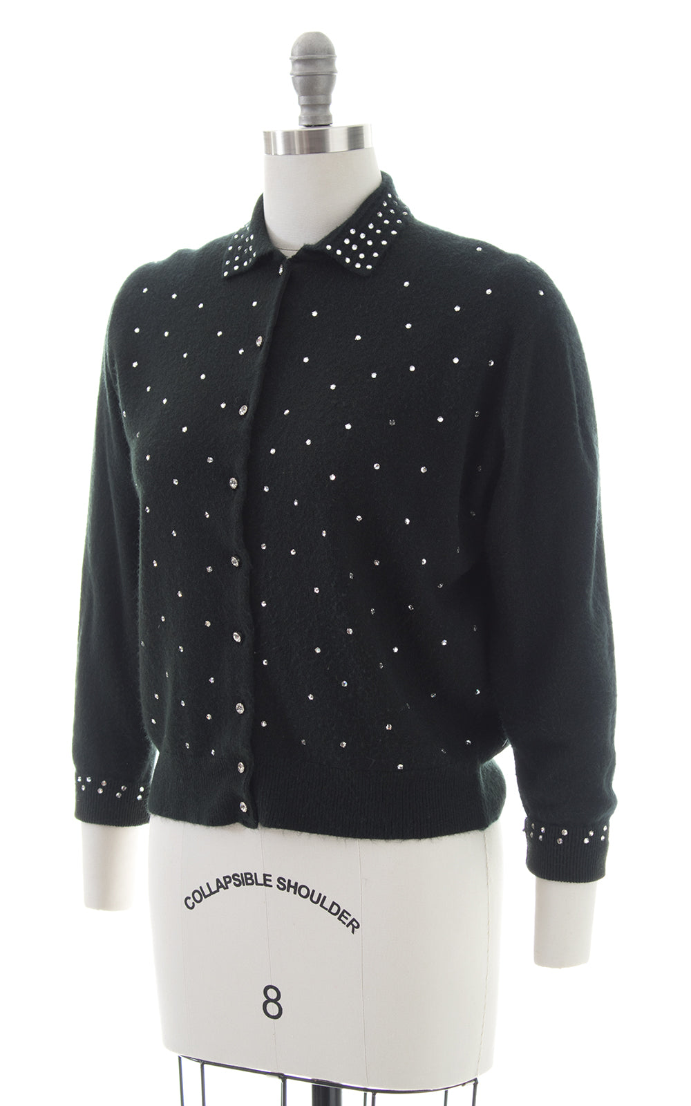 1950s Schiaparelli Rhinestone Black Wool Cardigan