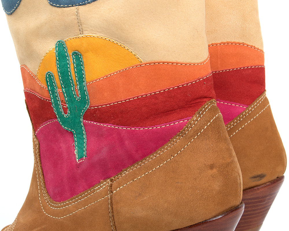 1980s Cactus Sunset Novelty Suede Cowboy Boots