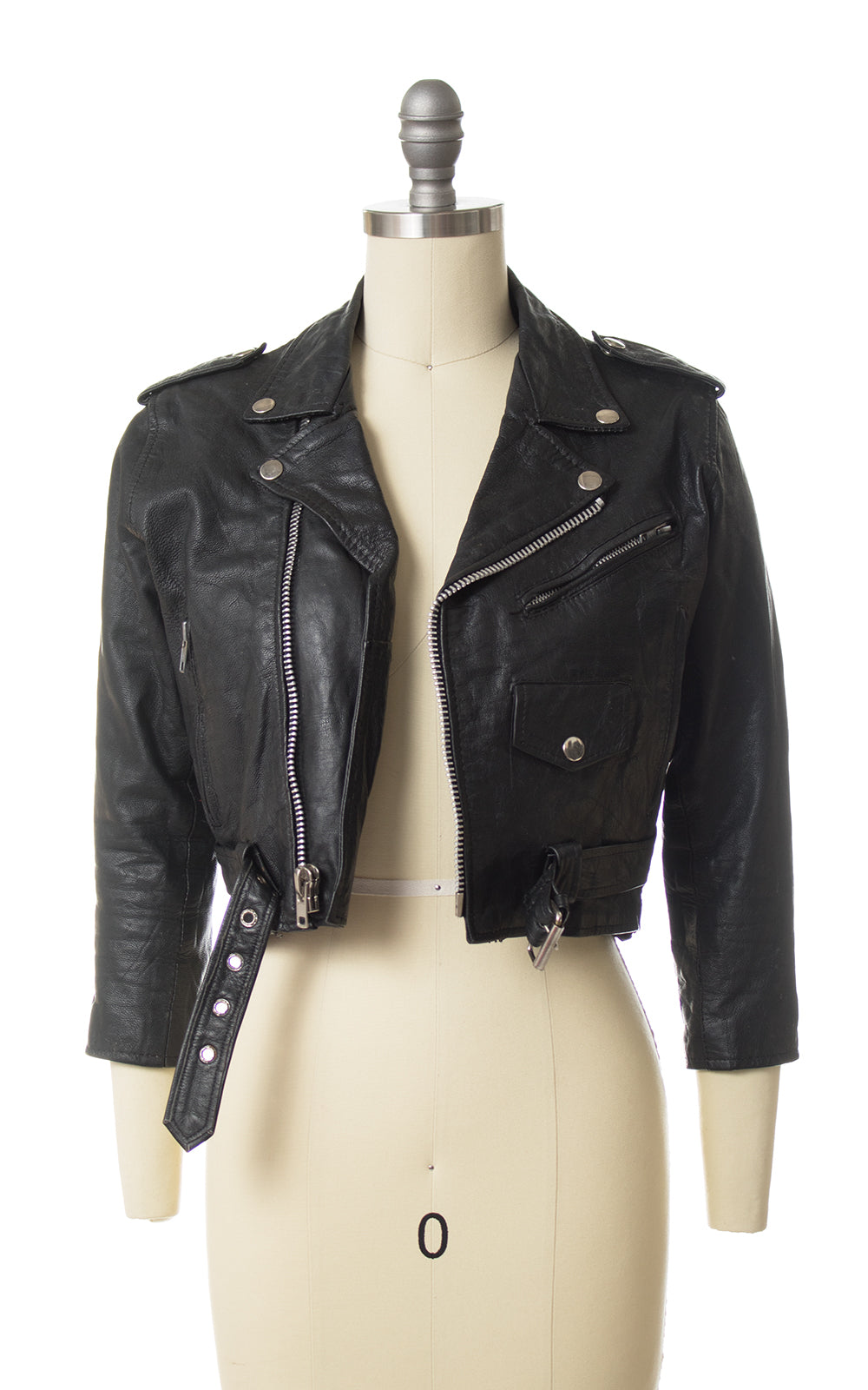 Vintage Cropped Black Leather Motorcycle Jacket