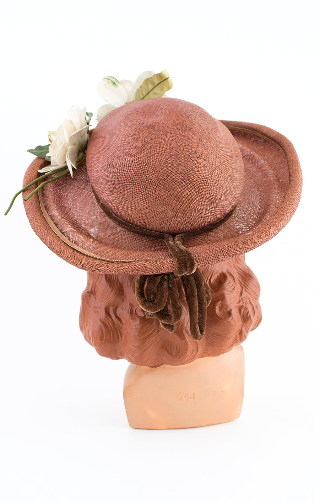 1950s White Floral & Brown Woven Sun Hat