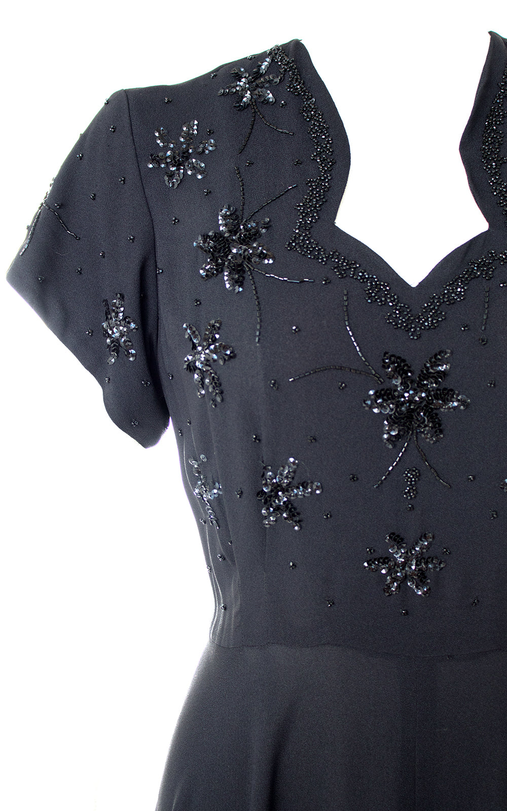 1940s Floral Sequin Beaded Rayon Evening Dress