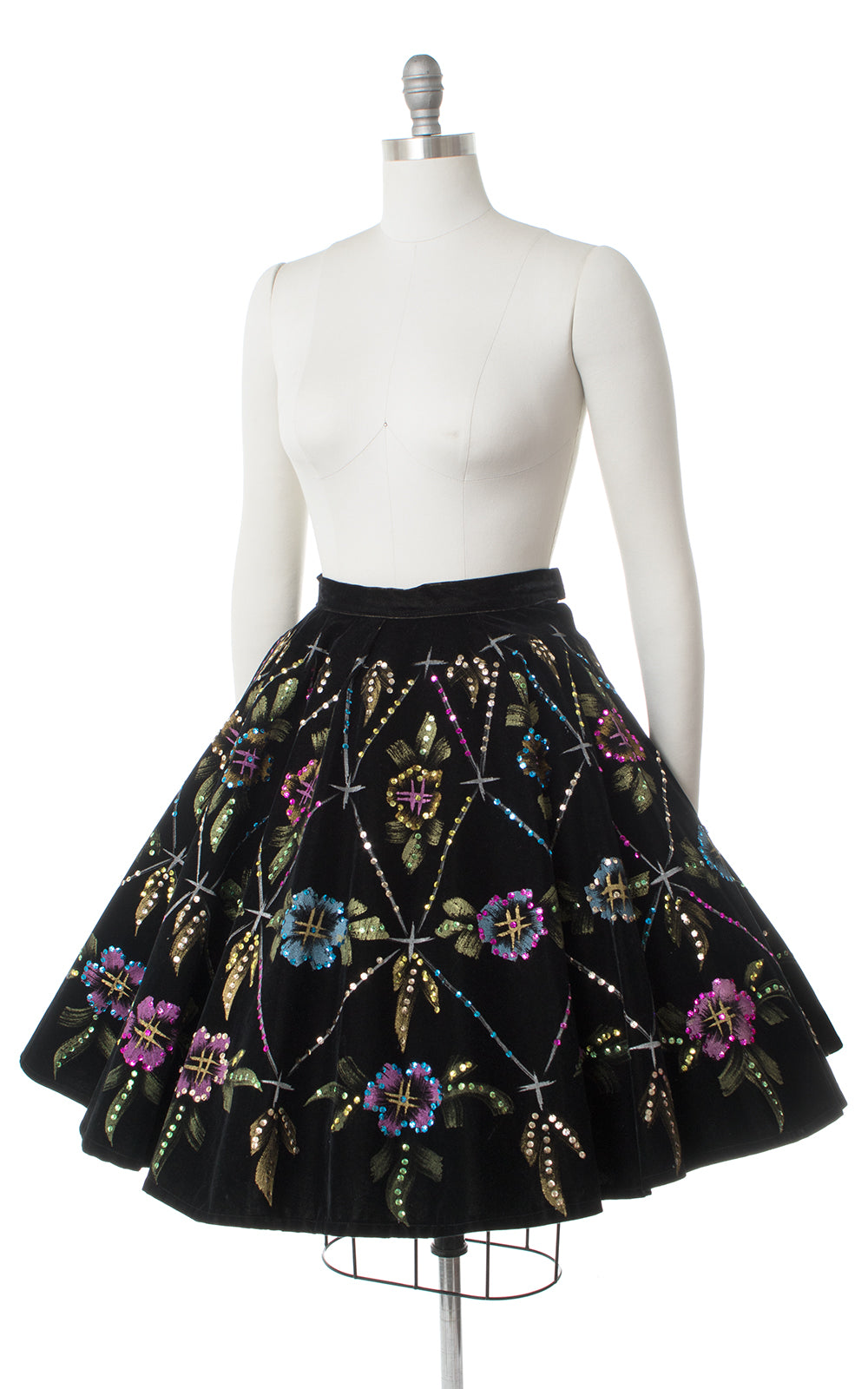 1950s Mexican Metallic Floral Sequin Velvet Circle Skirt