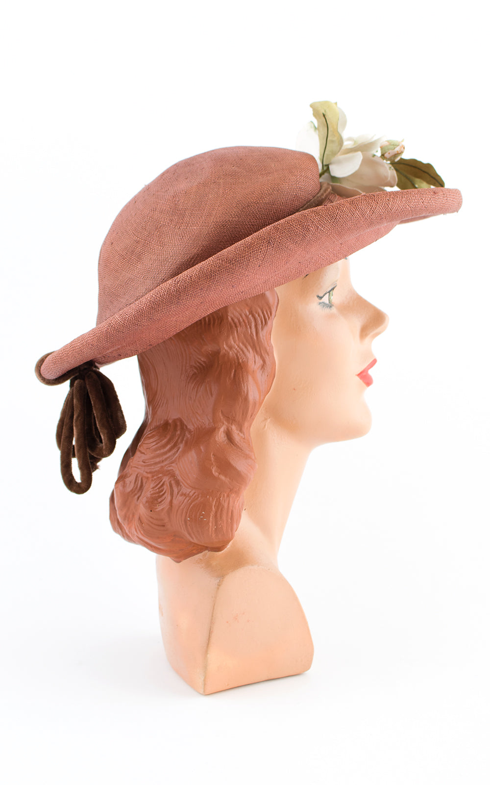 1950s White Floral & Brown Woven Sun Hat