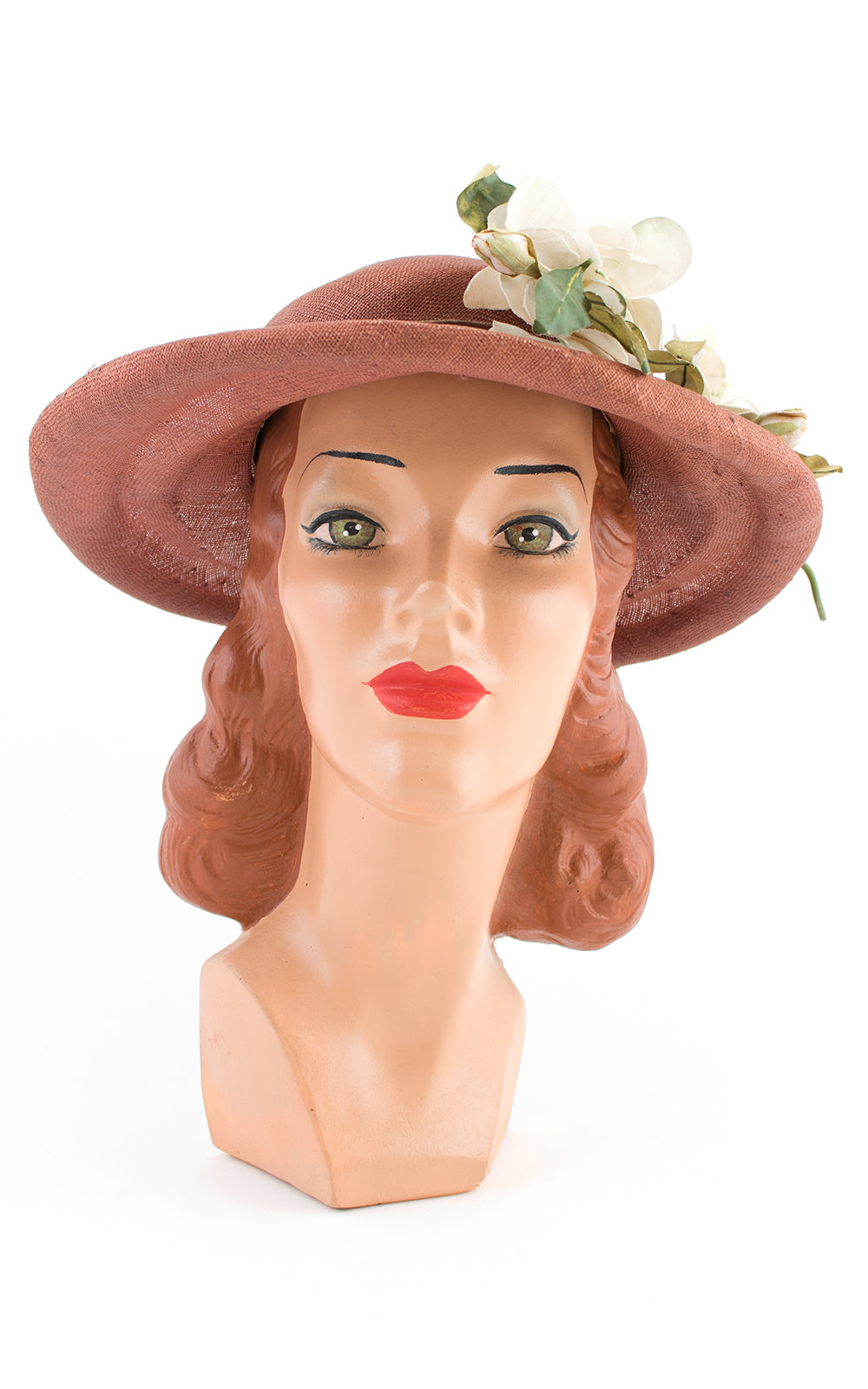 1950s Magnolia Flowers & Brown Woven Straw Sun Hat | Small/Medium