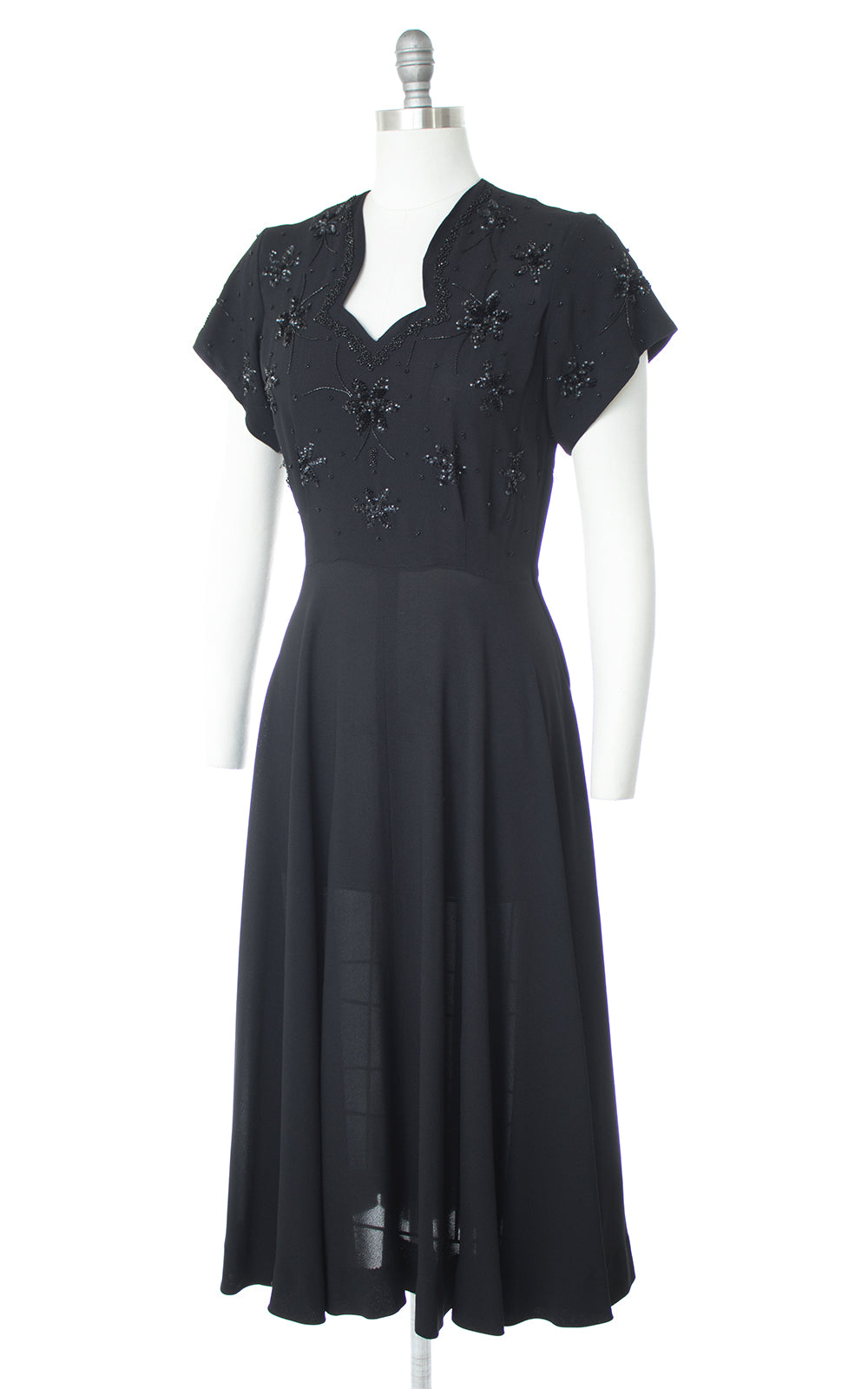 1940s Floral Sequin Beaded Rayon Evening Dress