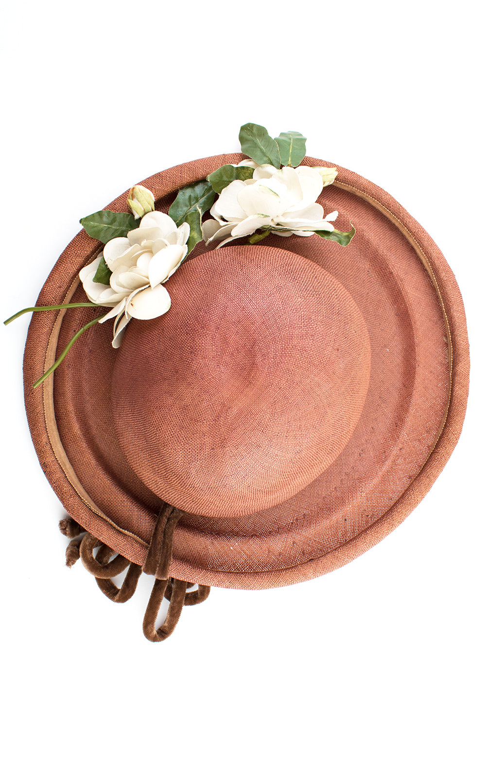 1950s White Floral & Brown Woven Sun Hat