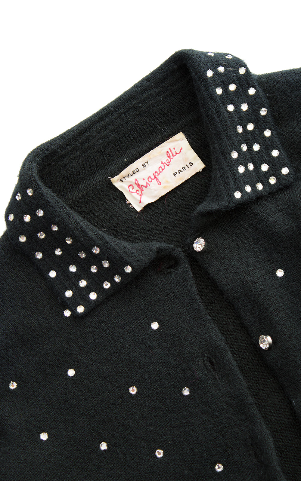 1950s Schiaparelli Rhinestone Black Wool Cardigan