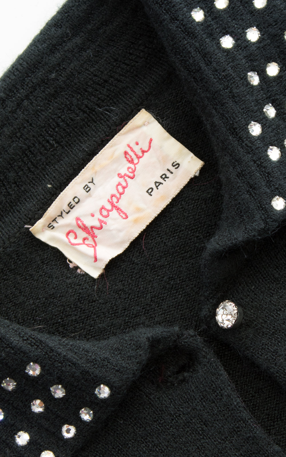 1950s Schiaparelli Rhinestone Black Wool Cardigan