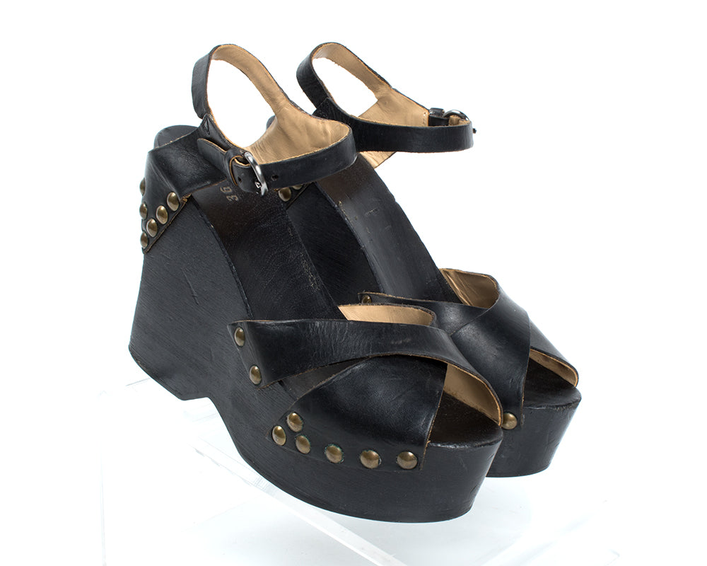 1970s Studded Black Wood Platform Sandals