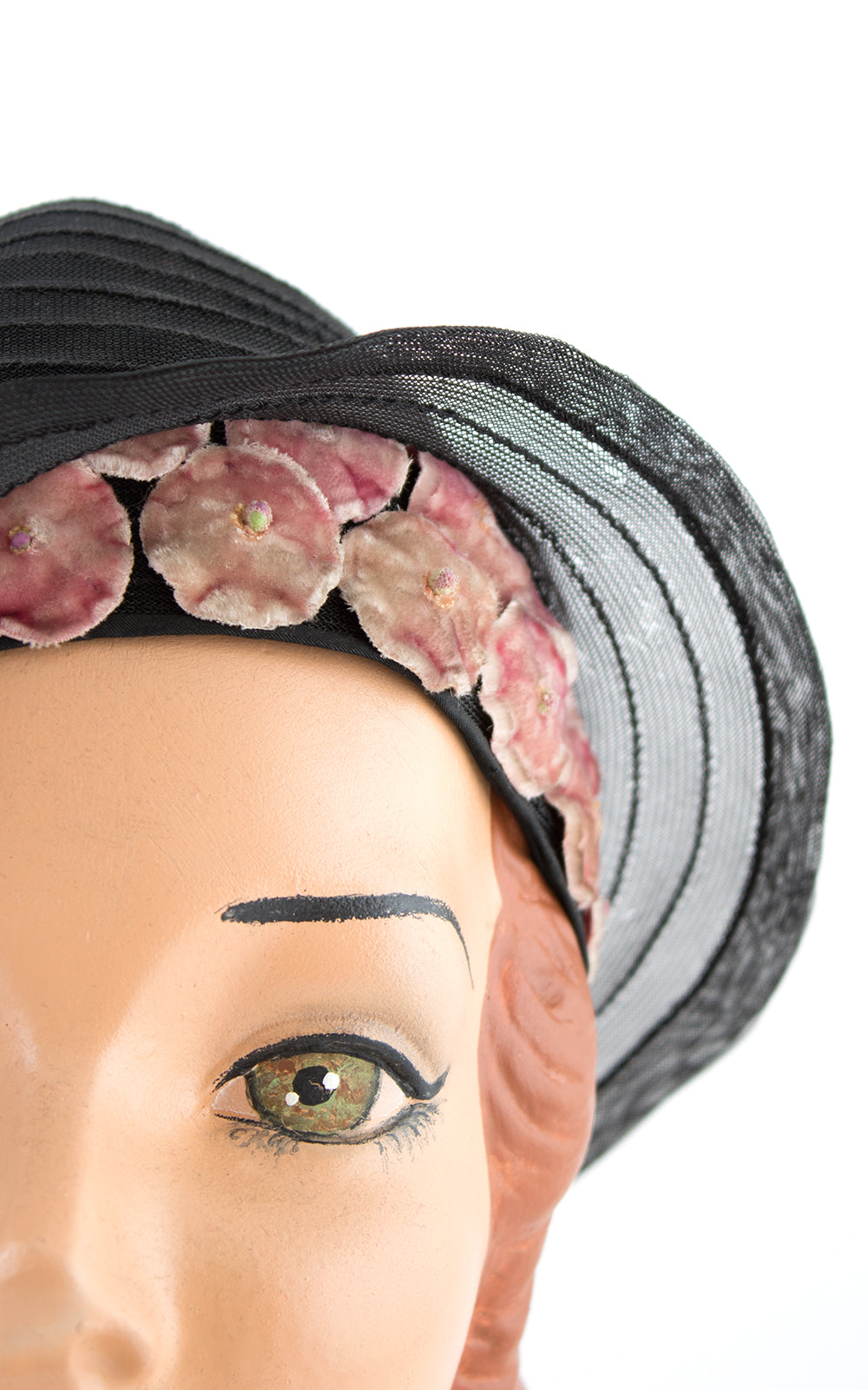 1920s Velvet Floral & Black Horsehair Cloche