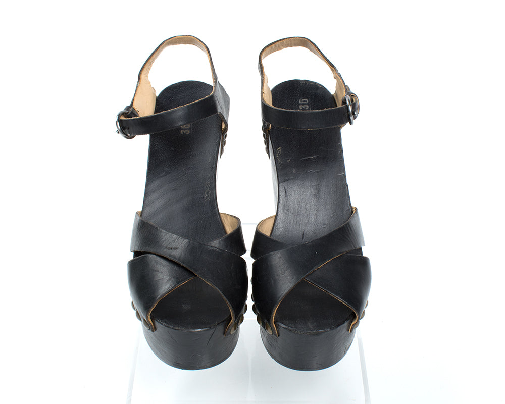 1970s Studded Black Wood Platform Sandals