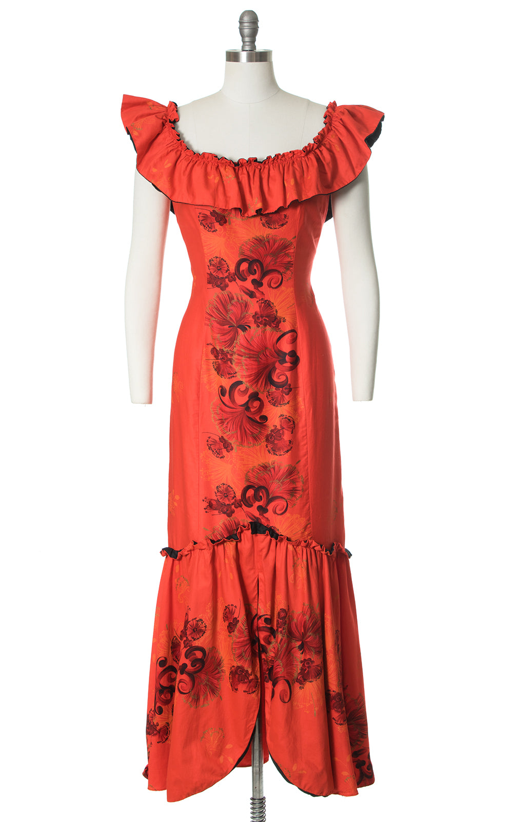 1950s Hawaiian Ruffled Red-Orange Holomuu Dress