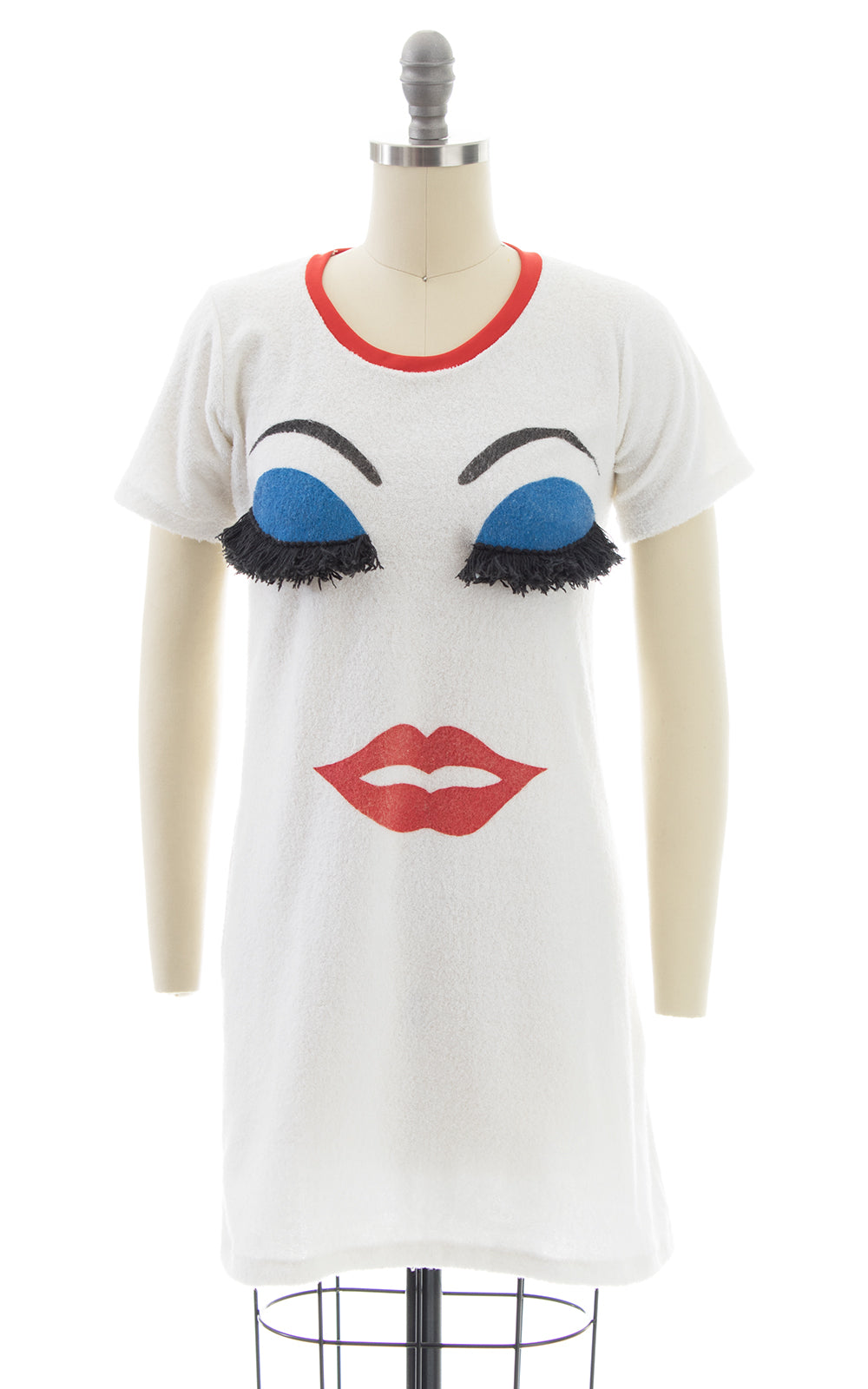 1980s Makeup Face Novelty Terrycloth Dress with Fringe Eyelashes