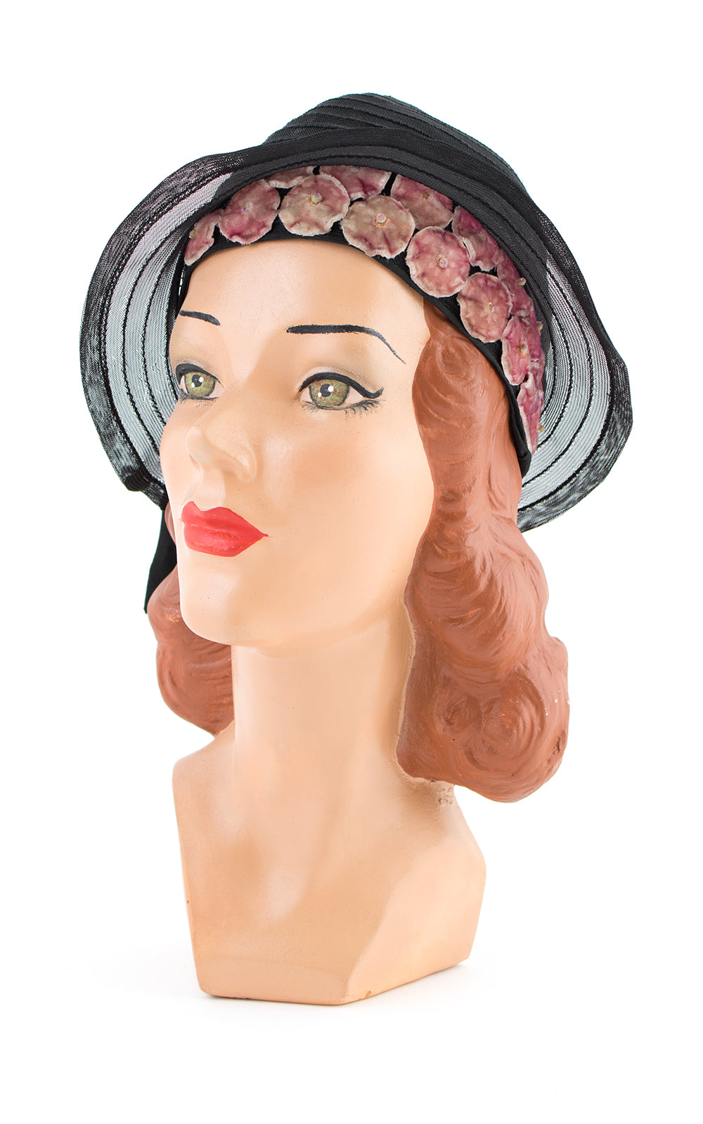 1920s Velvet Floral & Black Horsehair Cloche