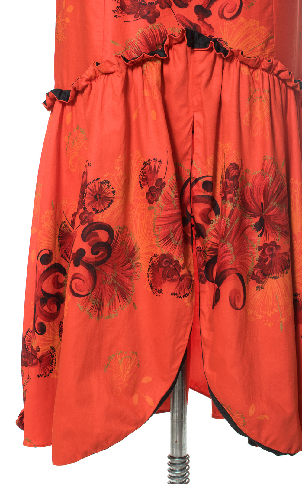 1950s Hawaiian Ruffled Red-Orange Holomuu Dress