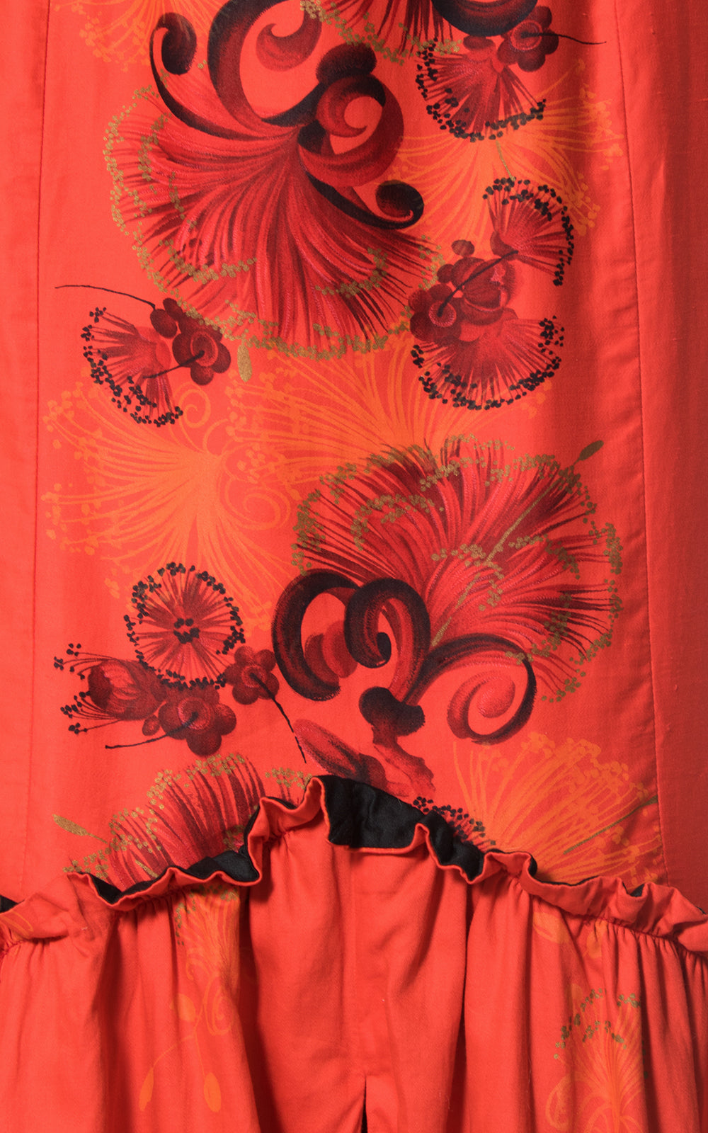 1950s Hawaiian Ruffled Red-Orange Holomuu Dress