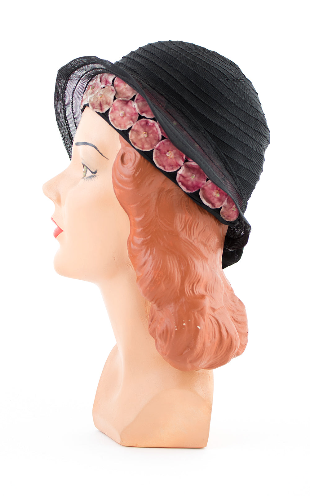 1920s Velvet Floral & Black Horsehair Cloche