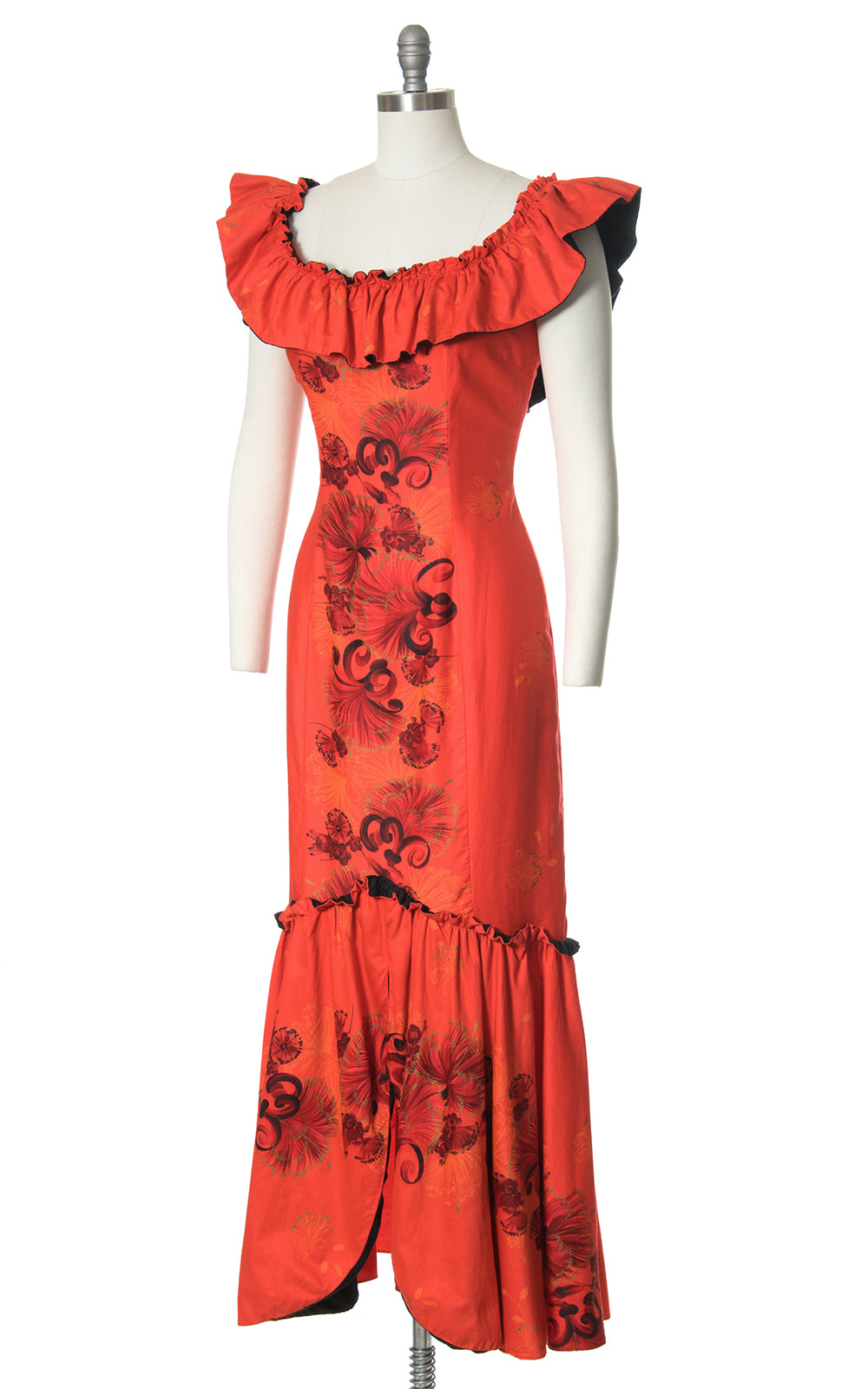 1950s Hawaiian Ruffled Red-Orange Holomuu Dress