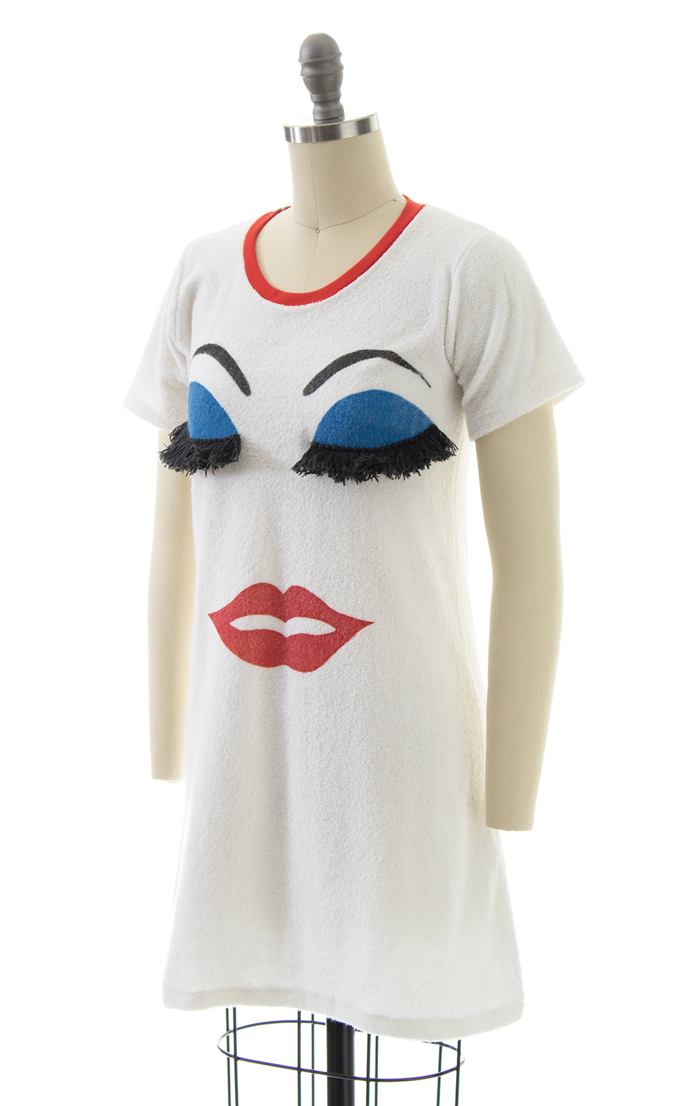 1980s Makeup Face Novelty Terrycloth Dress with Fringe Eyelashes