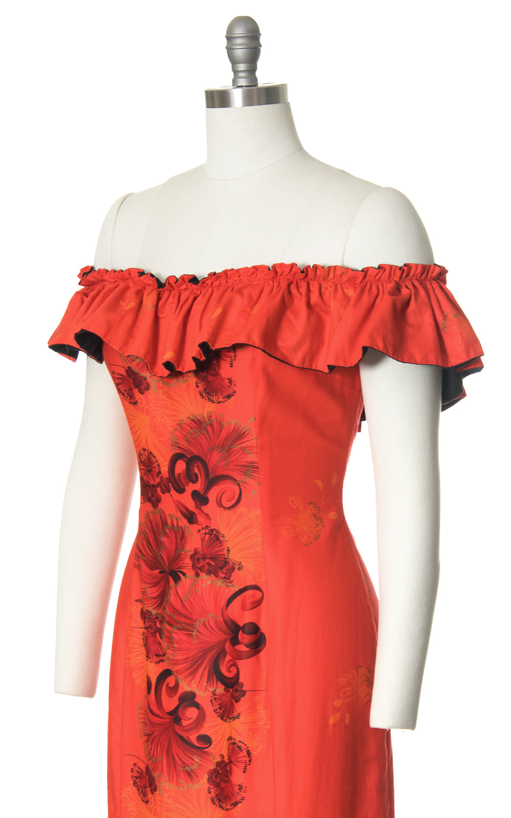 1950s Hawaiian Ruffled Red-Orange Holomuu Dress