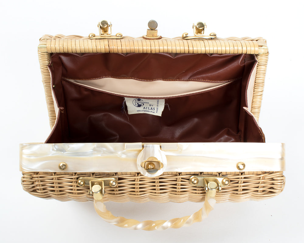 1960s Seashell Wicker & Lucite Novelty Box Purse by Atlas