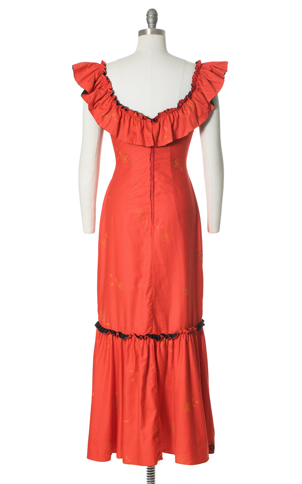 1950s Hawaiian Ruffled Red-Orange Holomuu Dress
