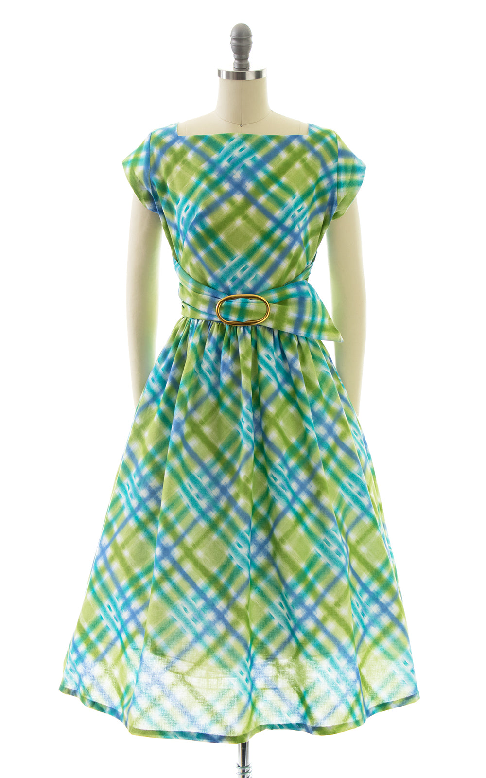 1950s Plaid Cotton Belted Dress
