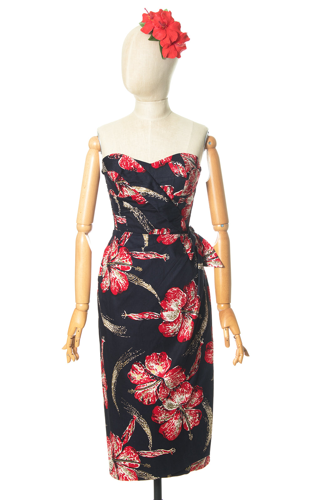 1950s Shaheen Metallic Hibiscus Sarong Dress