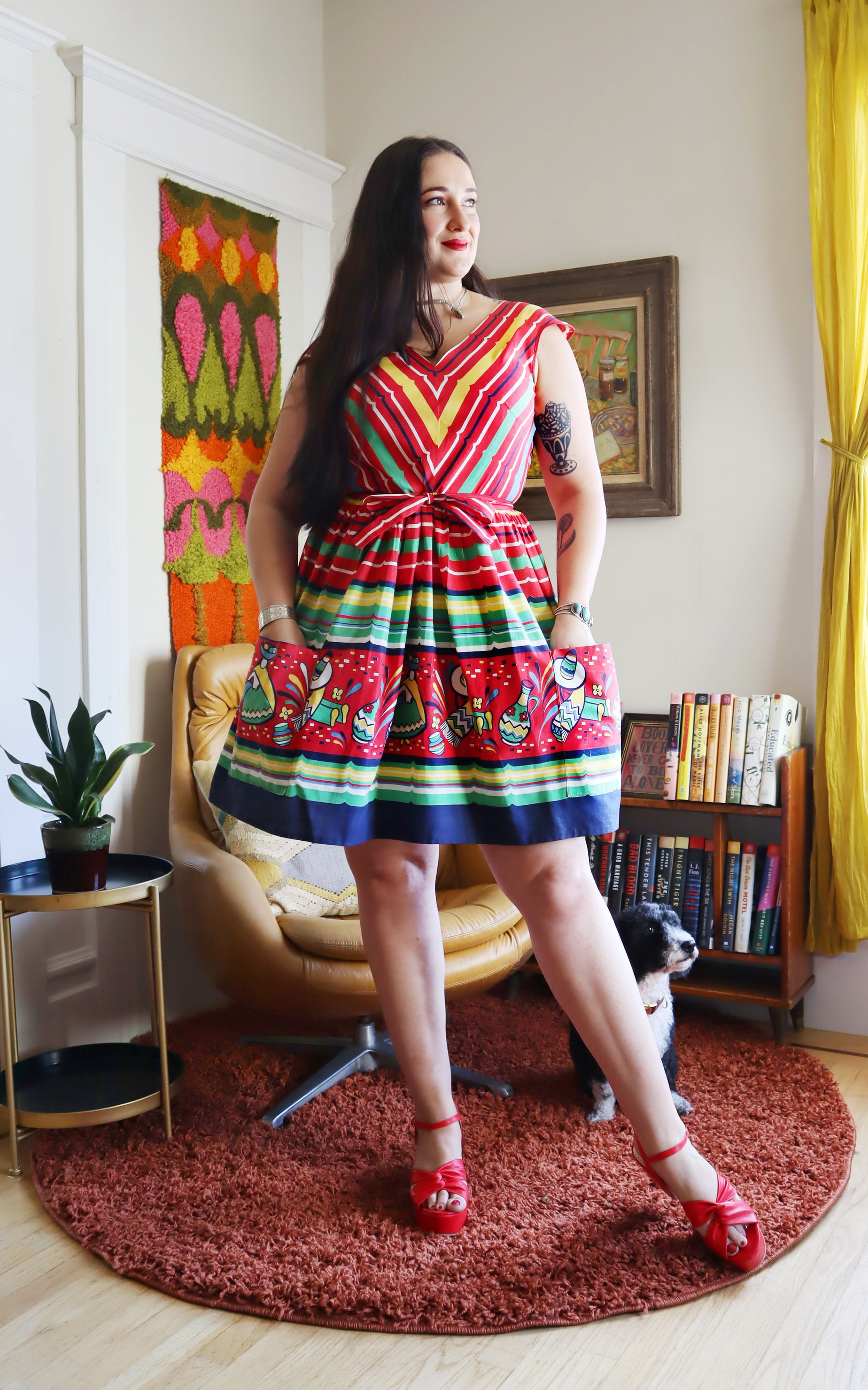 1940s Mexican Novelty Border Print Wrap Dress