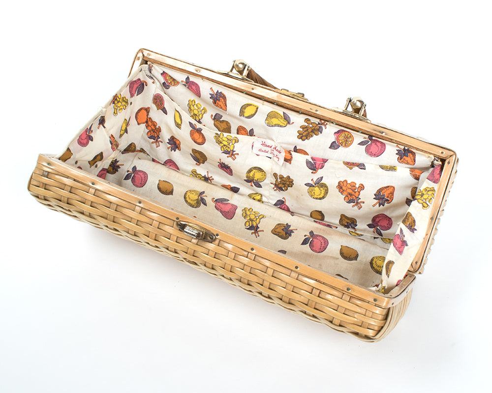 1950s Fruit Novelty Print Lined Wicker Box Purse