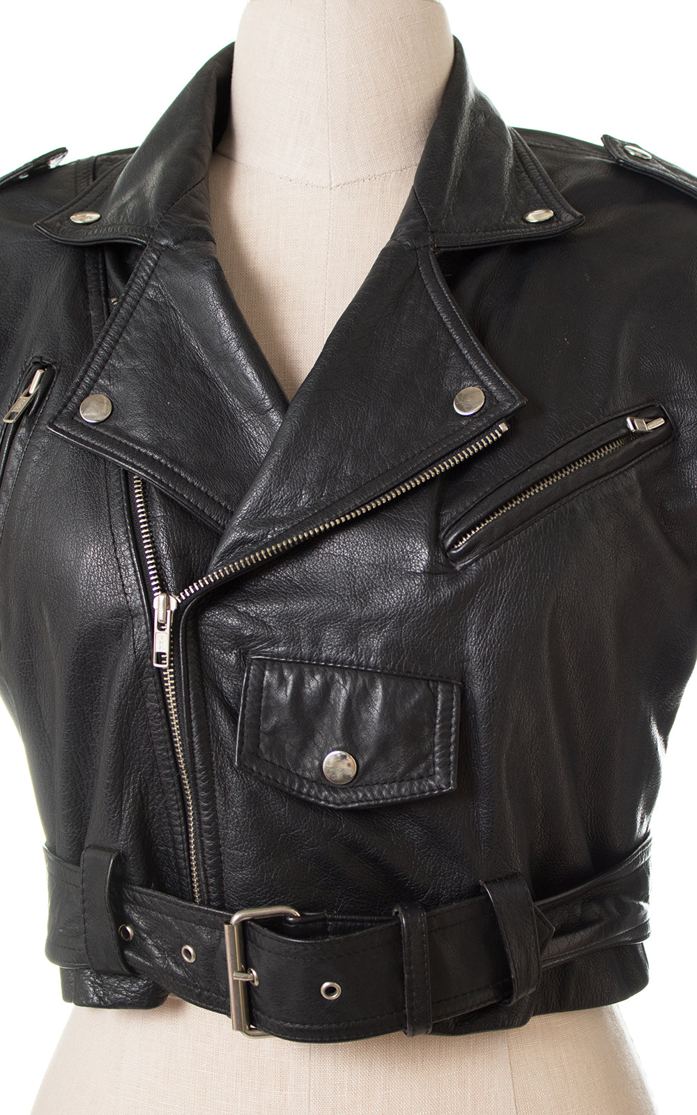 1980s Cropped Black Leather Motorcycle Jacket