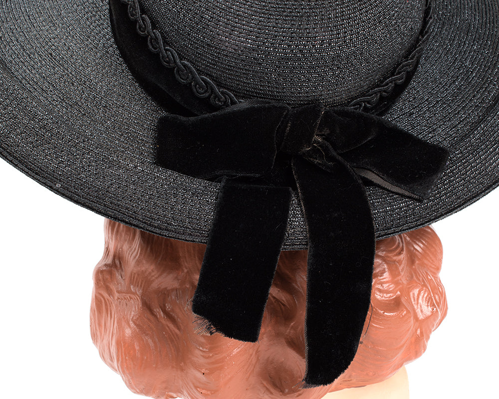 1950s Black Woven Wide Brim Sun Hat