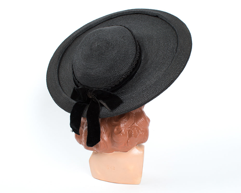 1950s Black Woven Wide Brim Sun Hat