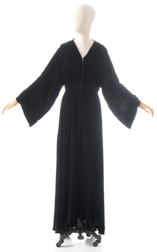 1930s Black Rayon Wide Sleeve Maxi Dress