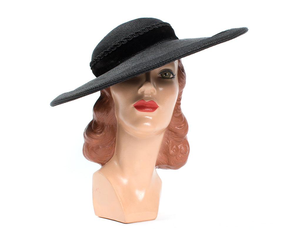 1950s Black Woven Wide Brim Sun Hat