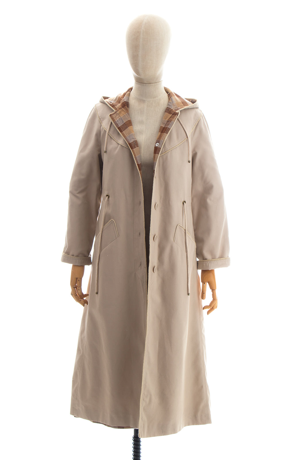 1970s Tan Hooded Trench Coat with Plaid Flannel Lining