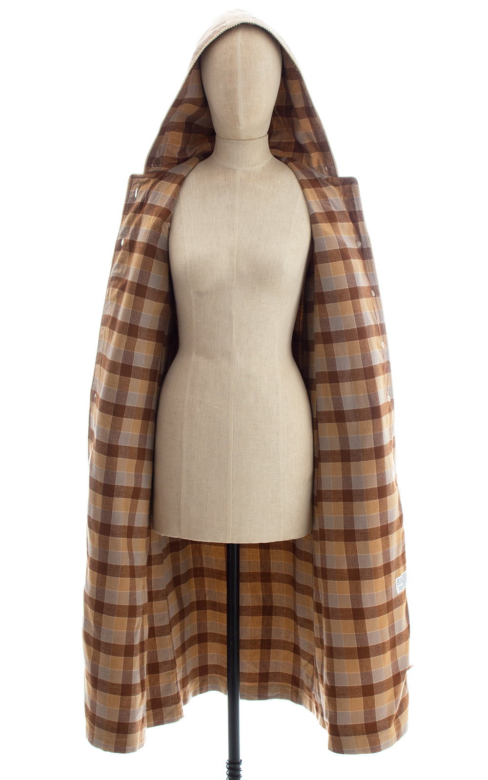 1970s Tan Hooded Trench Coat with Plaid Flannel Lining