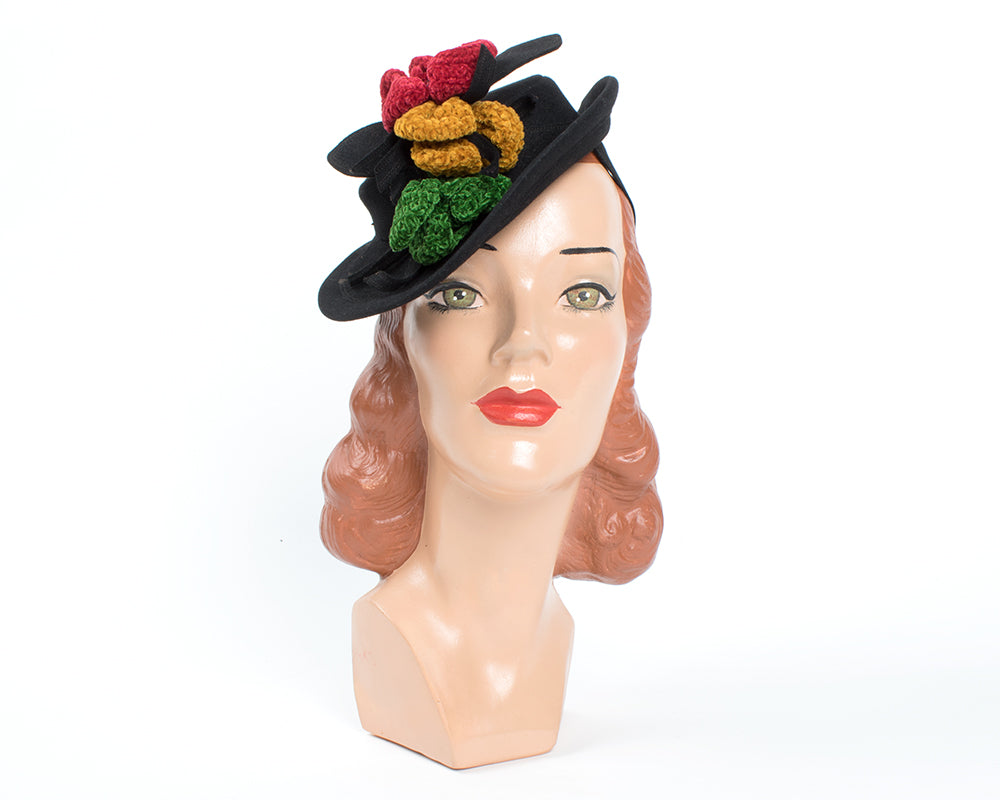 1940s Tri-Color Chenille Flowers & Black Wool Tilt Hat