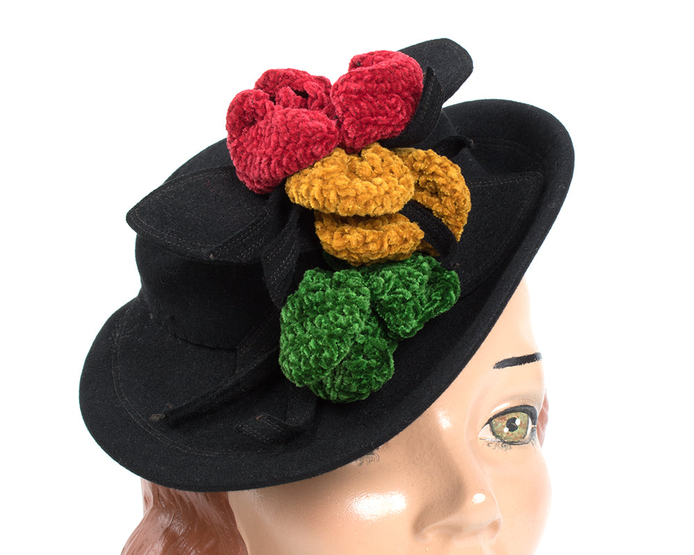 1940s Tri-Color Chenille Flowers & Black Wool Tilt Hat